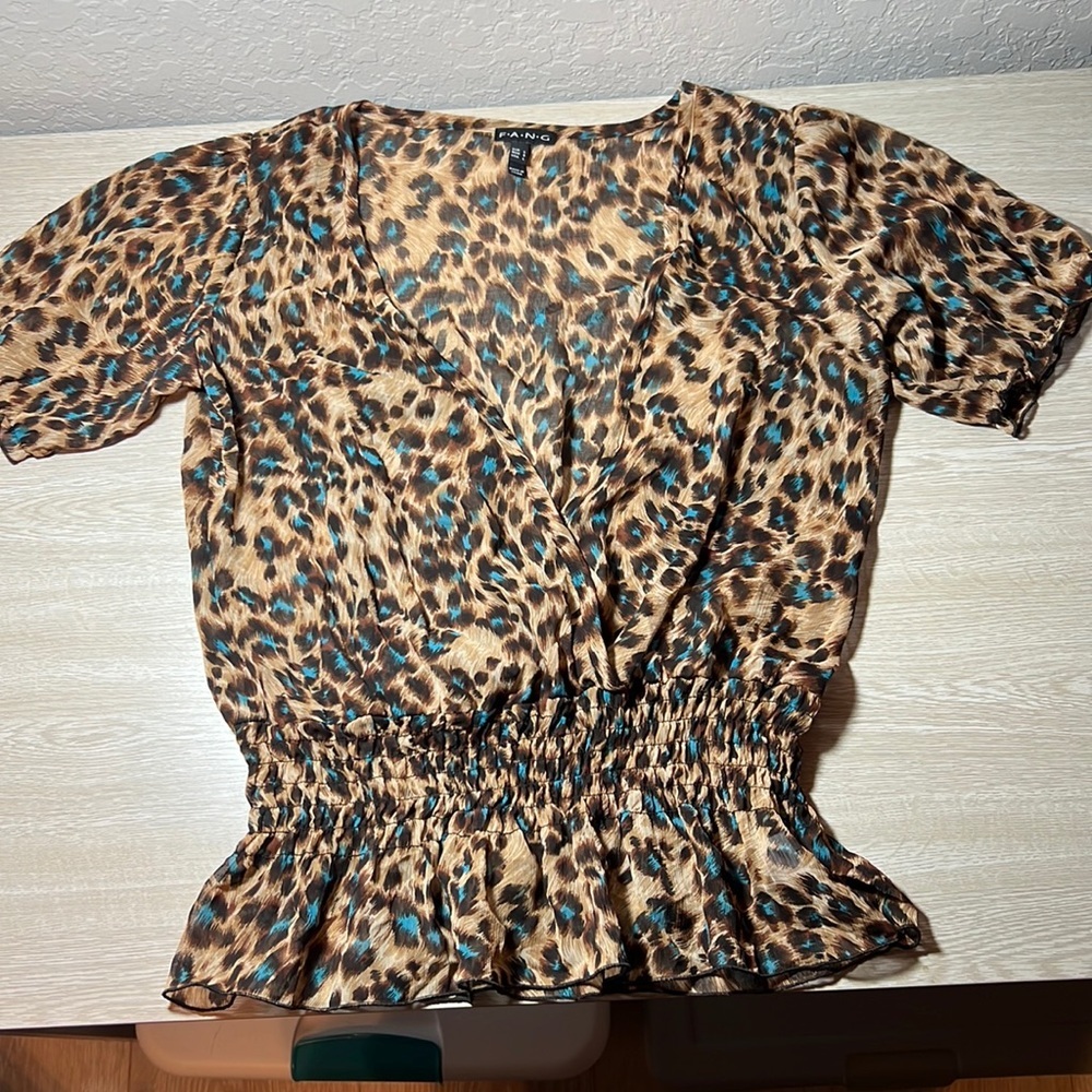 FANG | Sheer Blue and Tan Cheetah Blouse